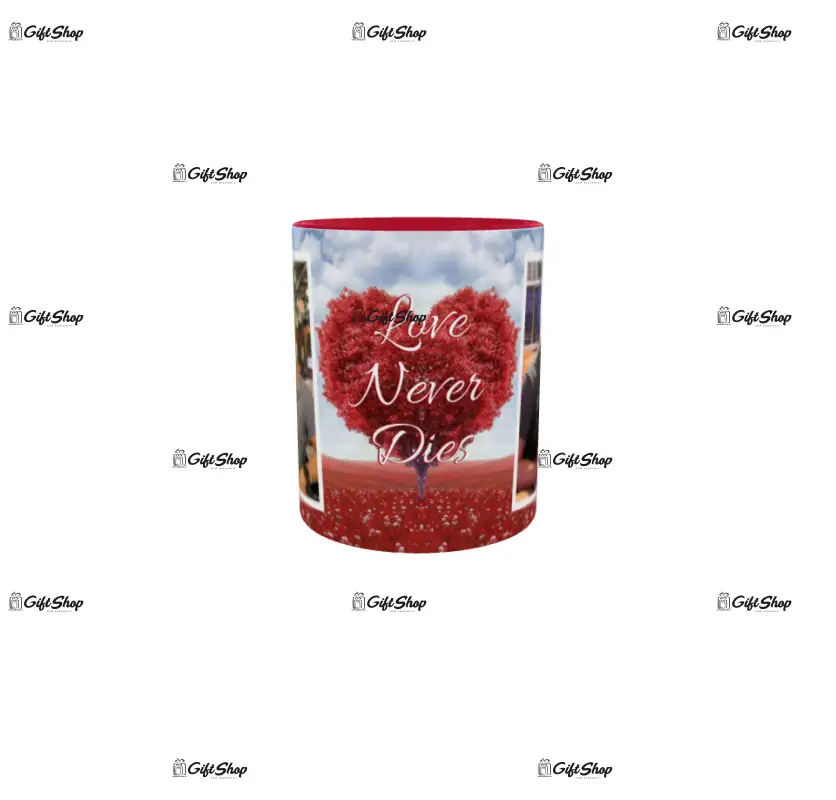 Love never dies, cana din ceramica, 330ml, personalizata cu 2 poze si text model 3374